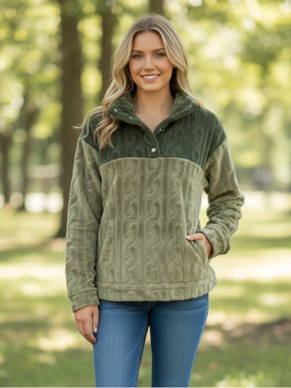 BEARPAW Olive Green‎ Cable Knit Textured Fleece Snap Neck Pullover Medium